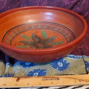 Clay Pottery Bowl Painted Flower Maria Reyes Perez RARE HTF